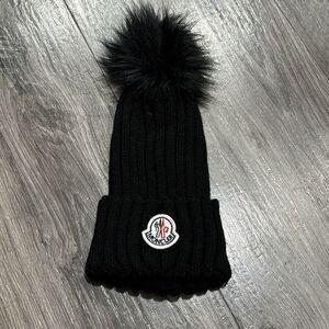 Moncler Black Knit Hat with Fur Pom